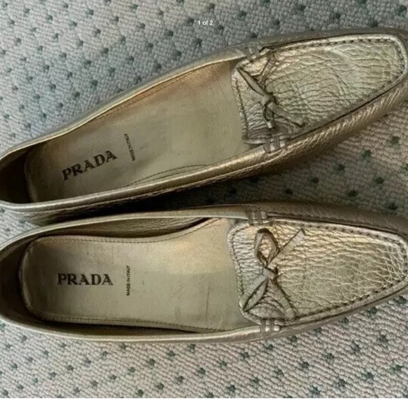 Gold Prada Flats with Bow - Picture 1 of 2
